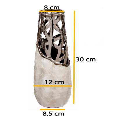 Tradineur - Jarrón plateado de cerámica, metal y nácar, diseño moderno, florero minimalista, recipiente para flores, decoración del hogar, 30 x 12 cm