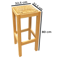 Tradineur - Taburete cuadrado de madera, asiento de rafia, banqueta con reposapiés, asiento de fibra natural, restaurante, cocina, 80 x 32,5 x 32,5 cm