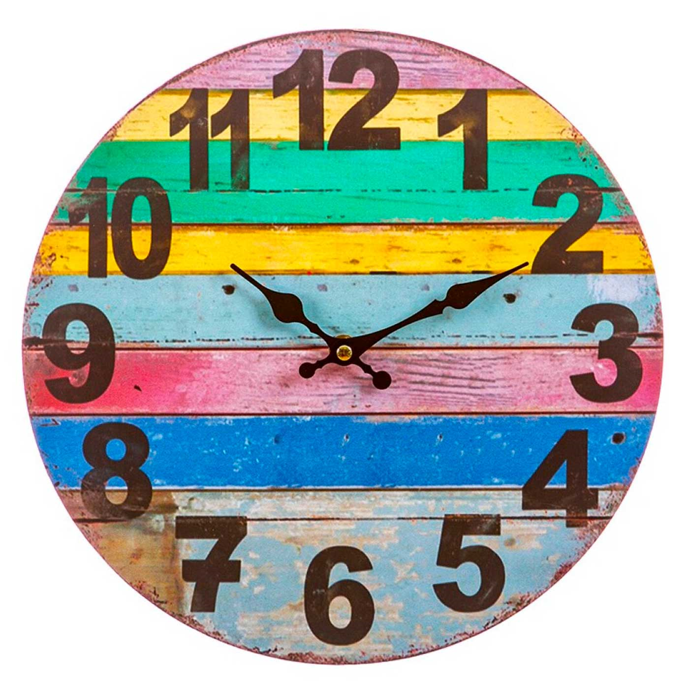 Tradineur - Reloj de pared redondo de madera con números grandes, diseño vintange con rayas de colores, sala de estar, oficina, dormitorio,Ø 29,5 cm