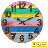 Tradineur - Reloj de pared redondo de madera con números grandes, diseño vintange con rayas de colores, sala de estar, oficina, dormitorio,Ø 29,5 cm