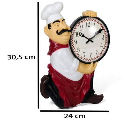 Tradineur - Reloj de mesa cocinero de plástico, funciona con pila, decoración de cocina, restaurante, cafetería, 30,5 x 24 x 4,5 cm