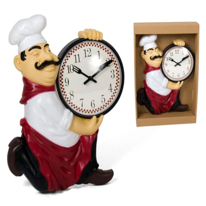 Tradineur - Reloj de mesa cocinero de plástico, funciona con pila, decoración de cocina, restaurante, cafetería, 30,5 x 24 x 4,5 cm