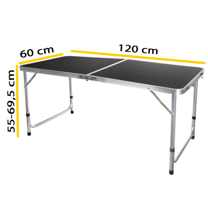 Tradineur - Mesa metálica plegable, 2 posiciones de altura ajustable, asa de transporte, ligera,  playa, camping (Gris oscuro, 55/69,5 x 120 x 60 cm)