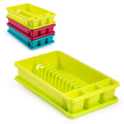 Tradineur - Escurreplatos de plástico rectangular con bandeja antigoteo, escurridor, soporte, organizador vajilla, cocina, 45,5 x 26,3 x 9 cm, color aleatorio