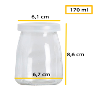 Tradineur - Bote de vidrio para yogurtera con tapa de plástico, frasco, tarro rellenable para preparar yogures, natillas, potitos (170 ml, 8,6 x 6,7 cm)