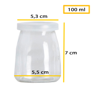 Tradineur - Bote de vidrio con tapa de plástico para yogurtera, frasco, tarro rellenable para preparar yogures, natillas, potitos (100 ml, 7 x 5,5 cm)