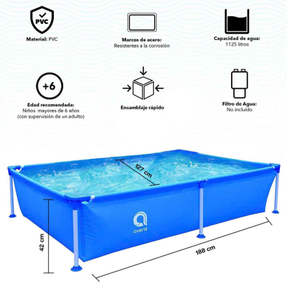 Tradineur - Piscina rectangular con estructura metálica y paredes de 3 capas, fácil montaje, exterior, jardín (Azul, 1125 litros, 188 x 127 x 42 cm)