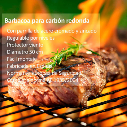 Algon - Barbacoa redonda con patas desmontables, acero cromado, parrilla zincada con grill regulable por niveles, carbón, leña, jardín, Ø 50 cm