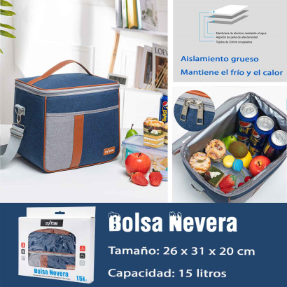 Tradineur - Bolsa nevera térmica de tela porta alimentos con aislamiento, asa y correa ajustable, picnic, playa, camping (15 litros, 26 x 31 x 20 cm)