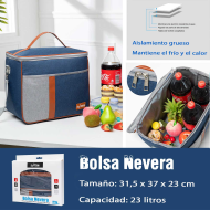 Tradineur - Bolsa térmica de tela porta alimentos, nevera con aislamiento, asa y correa ajustable, picnic, playa, camping (23 litros, 31,5 x 37 x 23 cm)