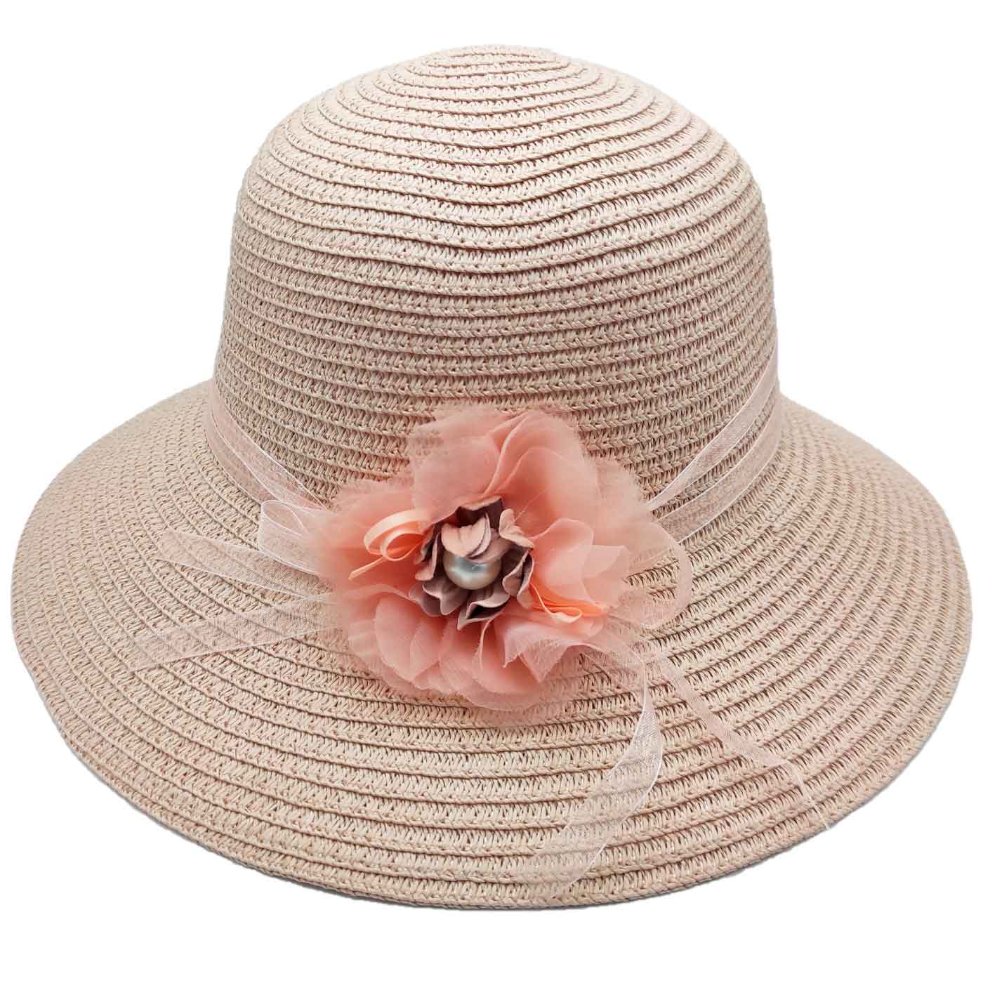 Tradineur - Sombrero de mujer con flor, paja flexible, ala ancha y goma de barbilla, protección solar, playa, piscina, aire libre, Ø 34 cm, color aleatorio