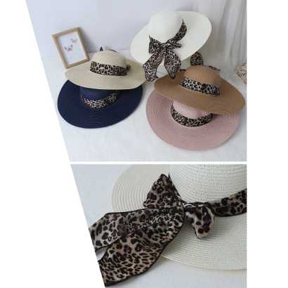 Tradineur - Sombrero de mujer con cinta estampado de leopardo, paja flexible, ala ancha y goma de barbilla, protección solar, playa, aire libre, Ø 42 cm, color aleatorio