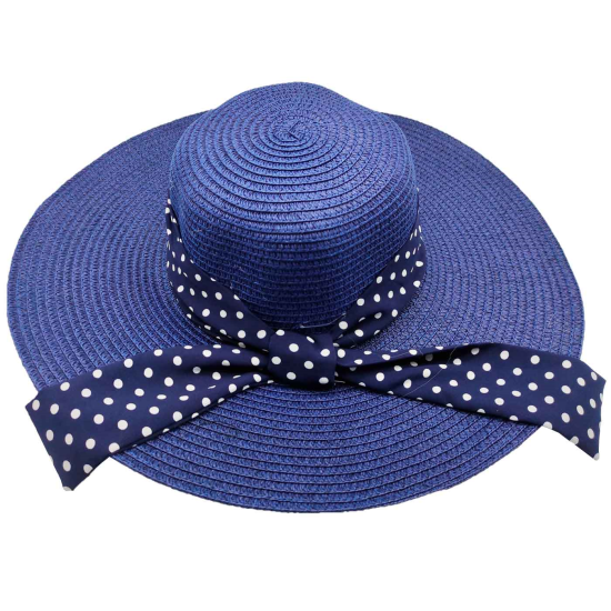 Tradineur - Sombrero de mujer con cinta de lunares, paja flexible, ala ancha y goma de barbilla, protección solar, playa, aire libre, Ø 42 cm, color aleatorio