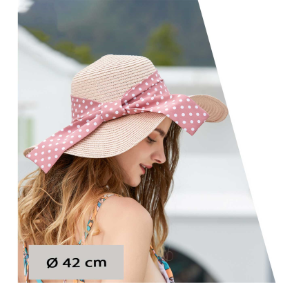 Tradineur - Sombrero de mujer con cinta de lunares, paja flexible, ala ancha y goma de barbilla, protección solar, playa, aire libre, Ø 42 cm, color aleatorio