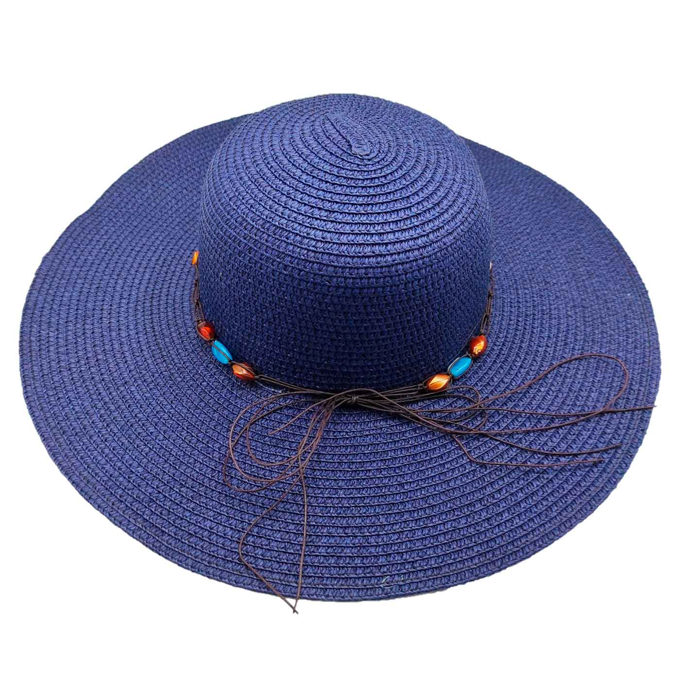 Tradineur - Sombrero de mujer con gemas, paja flexible, ala ancha y goma de barbilla, protección solar, playa, piscina, aire libre, Ø 42 cm, color aleatorio