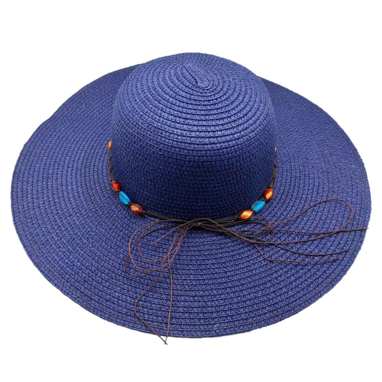 Tradineur - Sombrero de mujer con gemas, paja flexible, ala ancha y goma de barbilla, protección solar, playa, piscina, aire libre, Ø 42 cm, color aleatorio