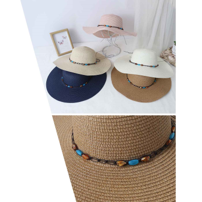 Tradineur - Sombrero de mujer con gemas, paja flexible, ala ancha y goma de barbilla, protección solar, playa, piscina, aire libre, Ø 42 cm, color aleatorio