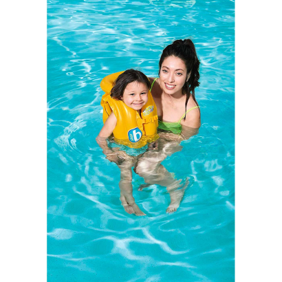 Tradineur - Chaleco hinchable infantil, incluye hebillas ajustables, cuello inflable y 3 cámaras de aire, niños, playa, piscina (Amarillo, 51 x 46 cm)