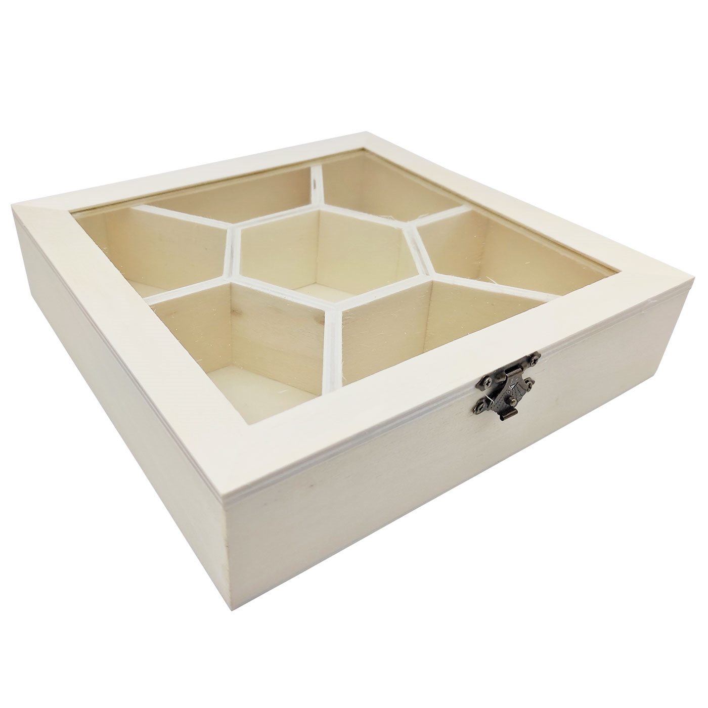 Tradineur - Caja de madera con 7 compartimentos y tapa con cristal, hexágono central, expositor de joyas, organizador, joyero, collares, 20,5 x 4,9 cm