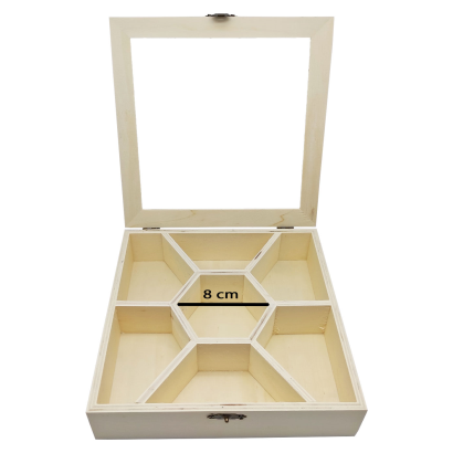 Tradineur - Caja de madera con 7 compartimentos y tapa con cristal, hexágono central, expositor de joyas, organizador, joyero, collares, 20,5 x 4,9 cm