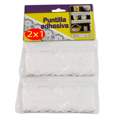 Tradineur - Pack de 2 cenefas adhesivas de vinilo, imitación de puntilla o ganchillo con bordados blancos, cubre estante, diseño floral, 5 x 150 cm