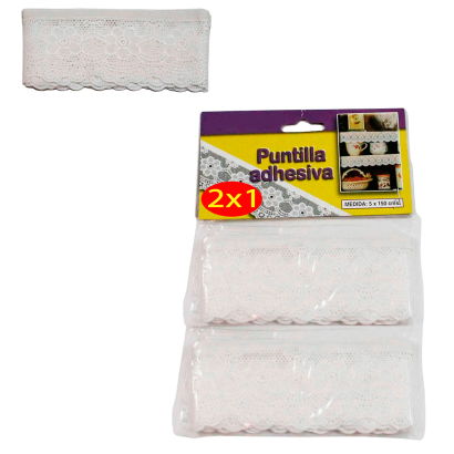 Tradineur - Pack de 2 cenefas adhesivas de vinilo, imitación de puntilla o ganchillo con bordados blancos, cubre estante, diseño floral, 5 x 150 cm