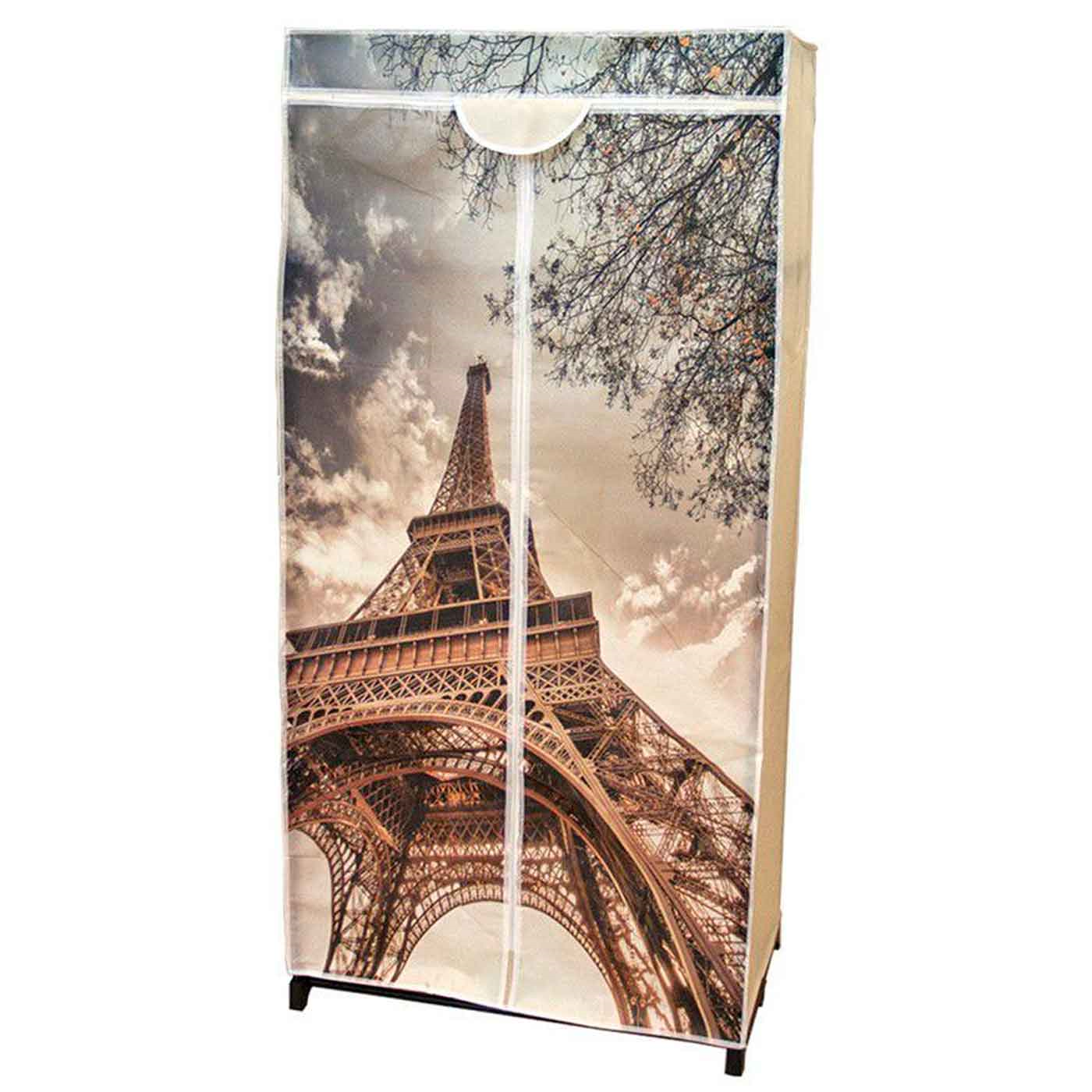 Tradineur - Armario TNT diseño París, armario organizador de ropa plegable de tela, ropero tejido no tejido, guardarropa desmontable con cremallera, estante y barra, 160 x 75 x 45 cm