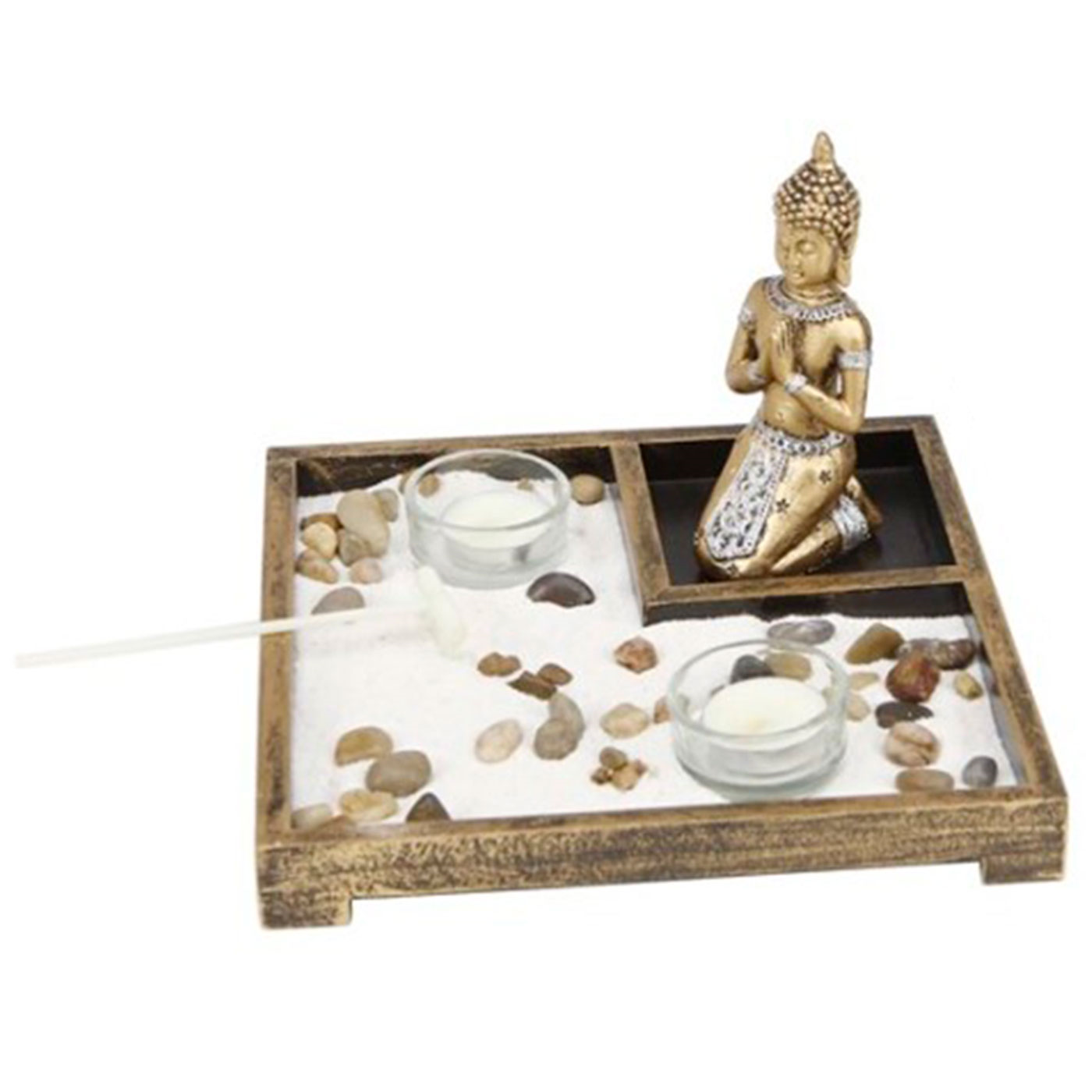 Tradineur - Jardín zen con Buda y 2 portavelas, figura de buda para meditación, relajación, regalo, incluye arena y piedras, 14 x 21,5 x 21,5 cm, color aleatorio