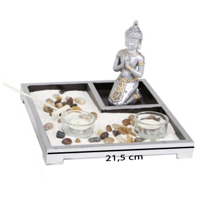 Tradineur - Jardín zen con Buda y 2 portavelas, figura de buda para meditación, relajación, regalo, incluye arena y piedras, 14 x 21,5 x 21,5 cm, color aleatorio