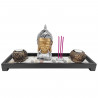 Tradineur - Jardín zen con Buda, 2 portavelas e incienso, figura de buda para meditación, relajación, regalo, incluye arena y pi