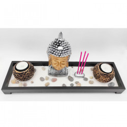 Tradineur - Jardín zen con Buda, 2 portavelas e incienso, figura de buda para meditación, relajación, regalo, incluye arena y pi