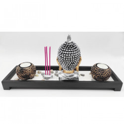 Tradineur - Jardín zen con Buda, 2 portavelas e incienso, figura de buda para meditación, relajación, regalo, incluye arena y pi