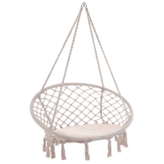 Tradineur - Silla columpio con cojín, hamaca colgante, asiento con cuerda de algodón, interior y exterior: dormitorio, patio o jardín, 120 x 80 x 60 cm