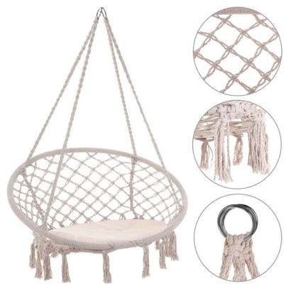 Tradineur - Silla columpio con cojín, hamaca colgante, asiento con cuerda de algodón, interior y exterior: dormitorio, patio o jardín, 120 x 80 x 60 cm