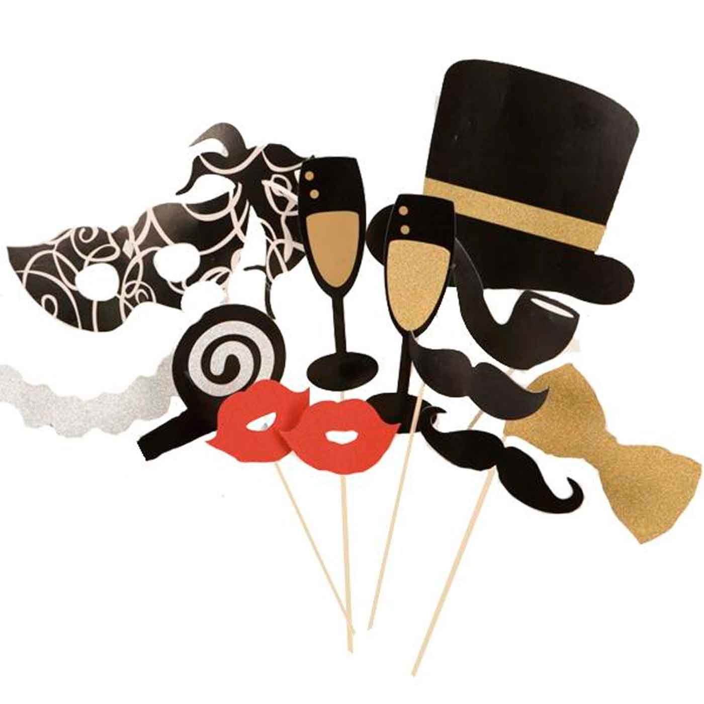 Tradineur - Kit de 12 piezas de Photocall de fiesta - Incluye bigotes, anteojos, labios, sombrero, corbatas y mucho más.