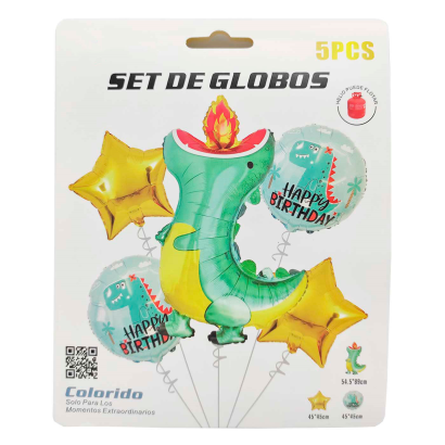 Set de 5 globos infantiles de helio decorados, látex, feliz cumpleaños, dinosaurios, estrellas, verde, niños, fiestas, celebraciones, 89 x 54,5 cm