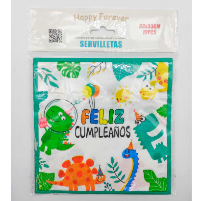 Pack de 12 servilletas infantiles de papel decoradas, feliz cumpleaños, dinosaurios, verde, niños, fiestas, celebraciones, 33 x 33 cm