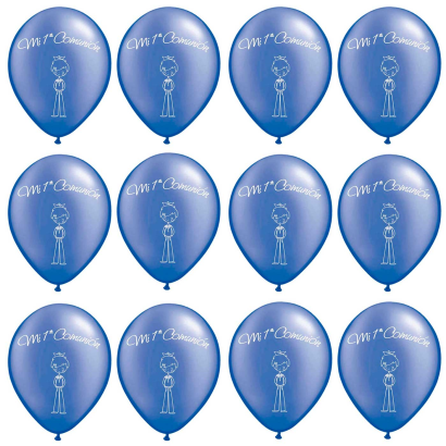 Tradineur - Set de 12 globos para Primera Comunión de látex de caucho natural, decoración en fiestas, celebraciones, hogar (Azul, Niño)