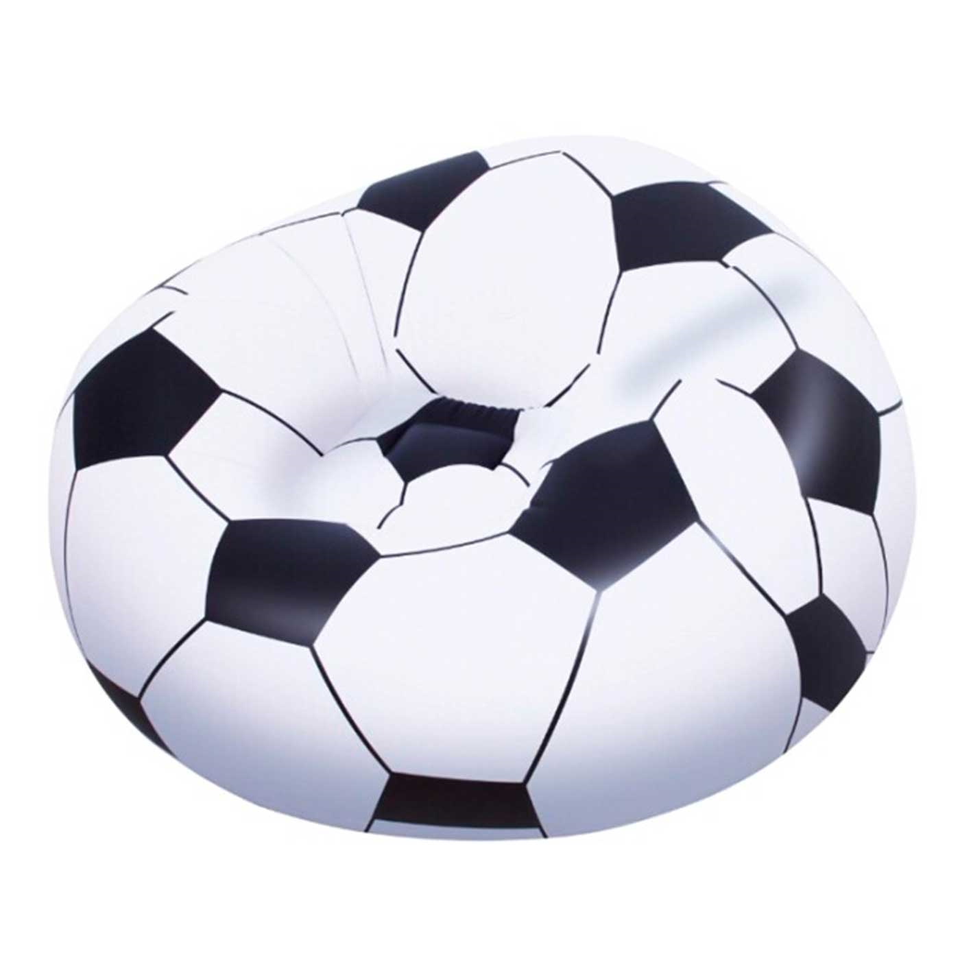 Tradineur - Sillón hinchable fútbol 114 x 112 x 66 cm, puff inflable balón, asiento forma de pelota para interior y exterior, válvula de seguridad, parche reparación, jardín, camping