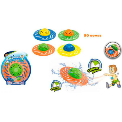 Tradineur - Juego splash flying disc con 50 globos de agua, ovni loco, juguete de agua para exterior, verano, niños, 22 x 8 cm, color aleatorio