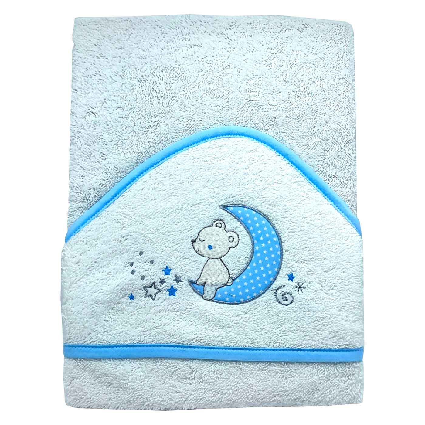 Tradineur - Capa/Toalla de baño para bebé - Diseño de osito en luna - Garantiza el confort del bebé - 100 x 100 cm - Color Azul