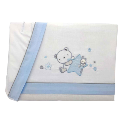 Tradineur - Juego de sabanas para cuna - Diseño azul de oso y conejo - Fabricado 100% algodón - Incluye:  funda de almohada + sabana bajera + bajera.