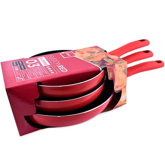 Tradineur - Set de 3 sartenes antiadherentes de aluminio "Fusion Red", mango ergonómico soft touch, para todas las cocinas, Ø 18, 20 y 24 cm