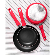 Tradineur - Set de 3 sartenes antiadherentes de aluminio "Fusion Red", mango ergonómico soft touch, para todas las cocinas, Ø 18, 20 y 24 cm