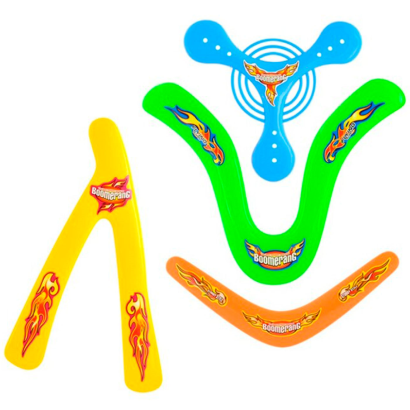 Tradineur - Set de 4 boomerang para principiantes, bumeranes de plástico multicolor, actividades deportivas infantiles y en familia, aire libre