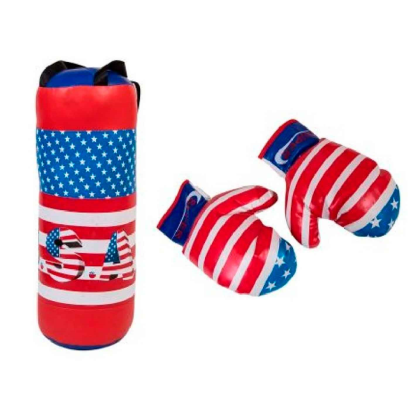 Tradineur - Saco de boxeo - Fabricado en PVC resistente - Incluye guantes, diseño de bandera de los Estados Unidos. -  Juguetes para niños. Ø 18,5 x 55 cm