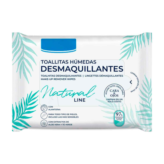 Tradineur - Toallitas desmaquillantes Natural Line - Extracto de Té Verde y Aloe Vera, Con alantoína - Incluye 15 Toallas.