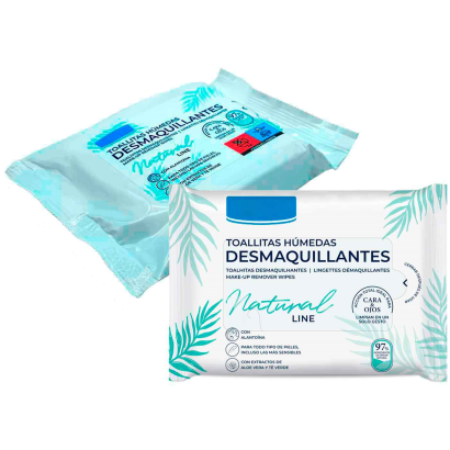 Tradineur - Toallitas desmaquillantes Natural Line - Extracto de Té Verde y Aloe Vera, Con alantoína - Incluye 15 Toallas.