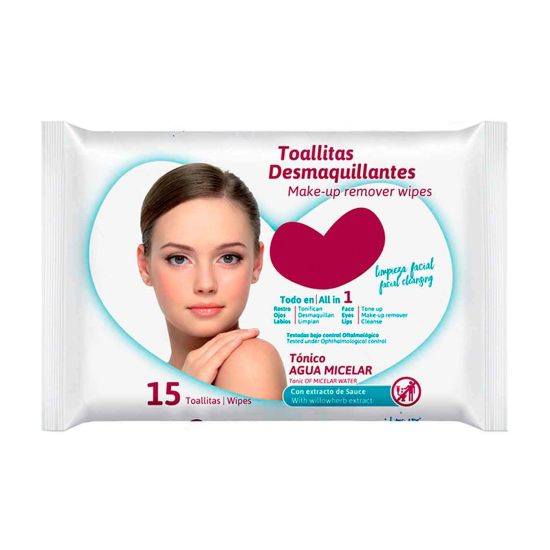 Tradineur - Toallitas desmaquillantes con tónico de agua micelar - Todo en 1, tonifica, desmaquilla y limpia. - Incluye 15 Toallas.