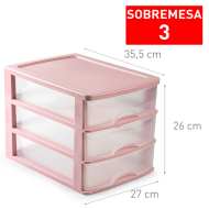 Tradineur - Cajonera de plástico, 3 cajones transparentes, sobremesa, torre de almacenaje multiusos, escritorio, armario, baño, oficina (Rosa, 26 x 27 x 35,5 cm)